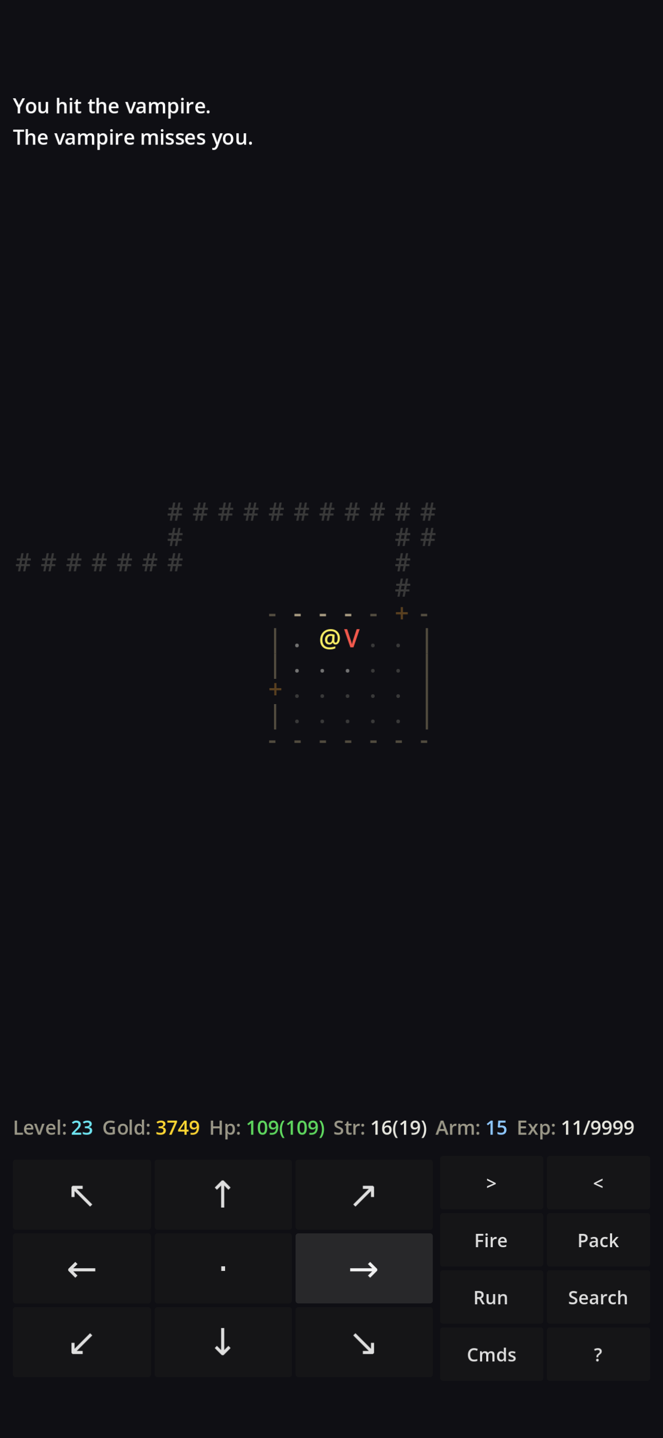Direhollow on a phone: the hero @ stands beside a red vampire V in a lit room, with the message &ldquo;You hit the vampire. The vampire misses you.&rdquo; above and the touch movement pad and command buttons below.