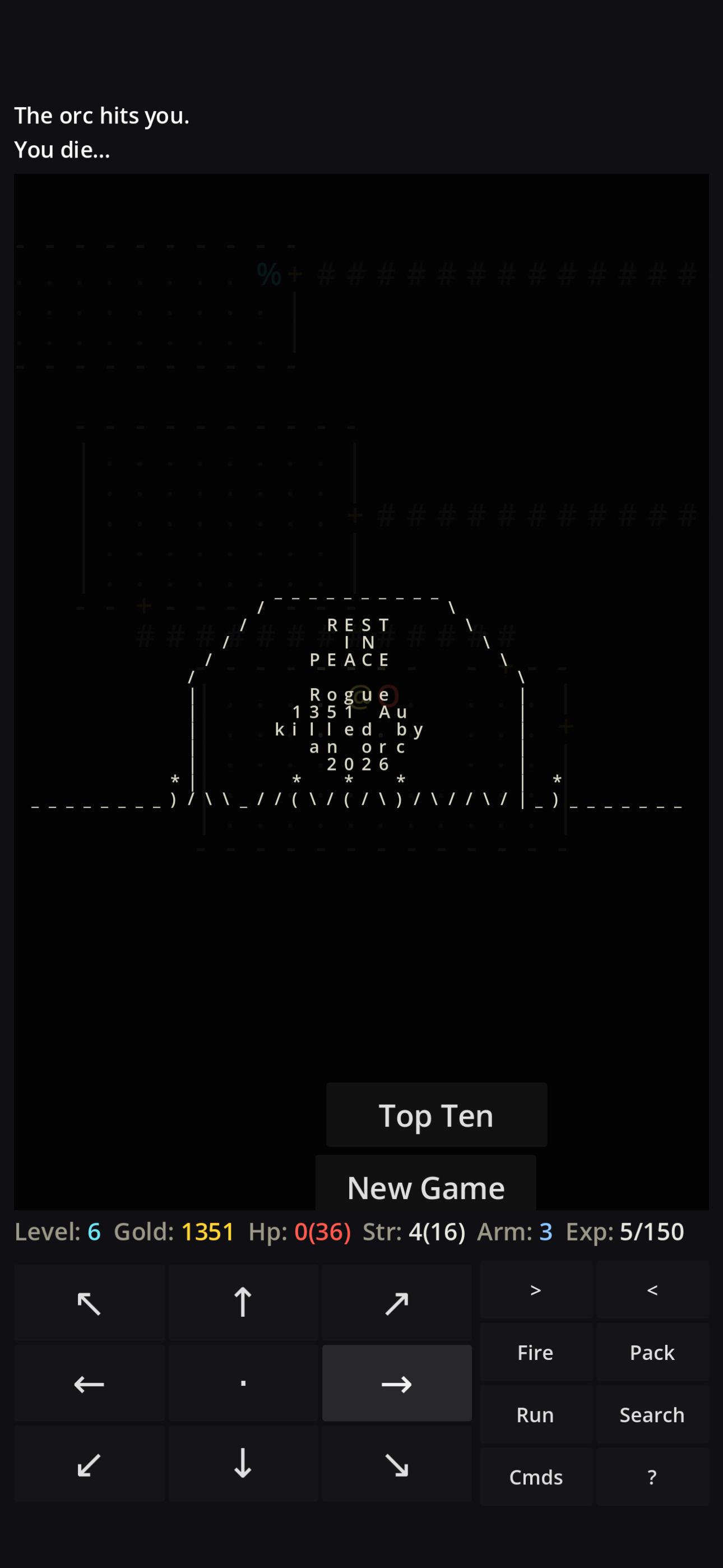 Direhollow on a phone: the death screen showing the classic ASCII tombstone reading &ldquo;Rest in Peace &mdash; Rogue, 1351 Au, killed by an orc, 2026,&rdquo; with the message &ldquo;The orc hits you. You die&hellip;&rdquo; above and Top Ten and New Game buttons below.