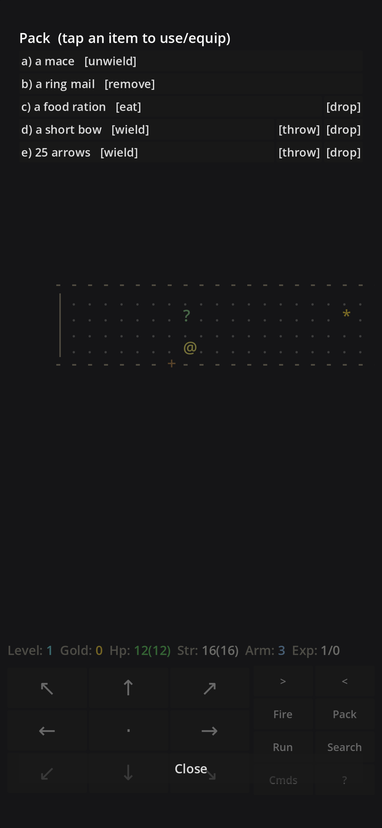 Direhollow on a phone: the Pack screen listing a mace, ring mail, a food ration, a short bow and arrows, each with tap actions to wield, wear, eat, throw or drop.
