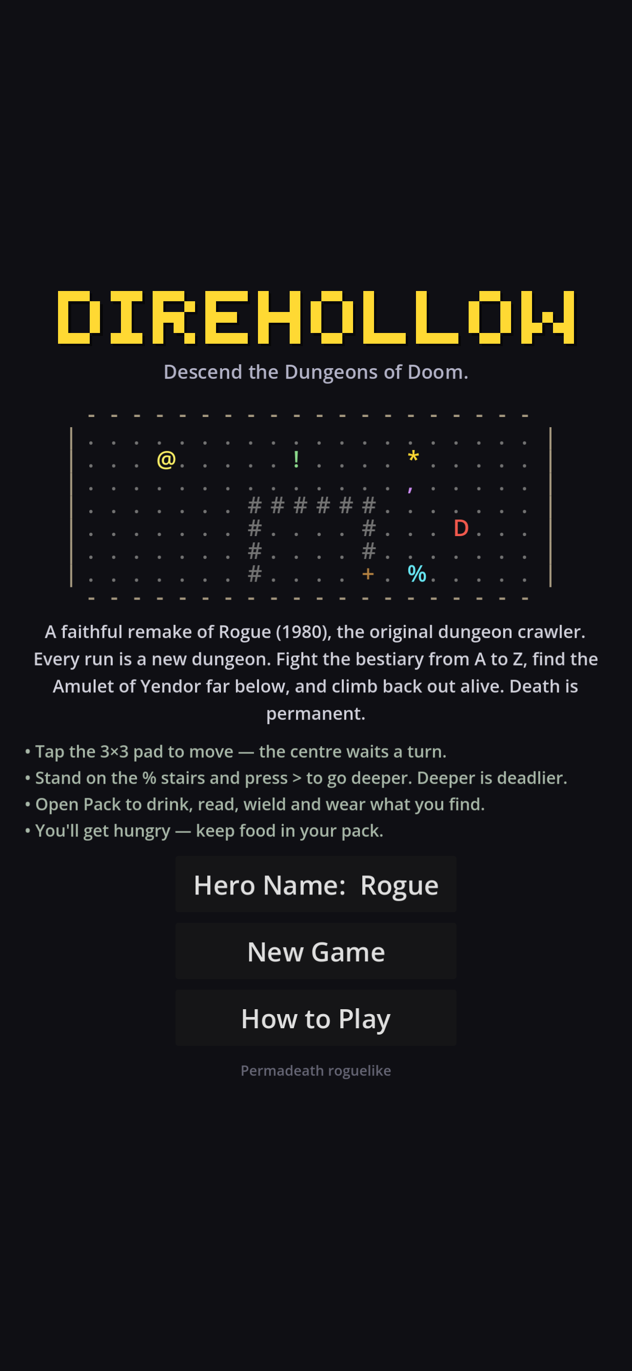 Direhollow on a phone: the title screen with the DIREHOLLOW wordmark, a small ASCII dungeon preview, a short description, and Hero Name, New Game, and How to Play buttons.